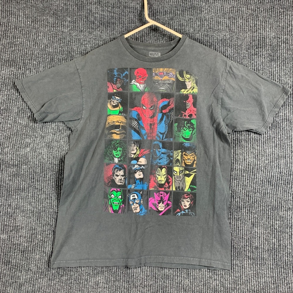 Marvel T Shirt Adult L Gray Comics Action Heros Spiderman Batman‎ Villains Faded